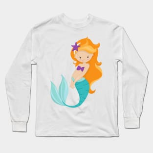 Cute Mermaid, Little Mermaid, Orange Hair, Star Long Sleeve T-Shirt